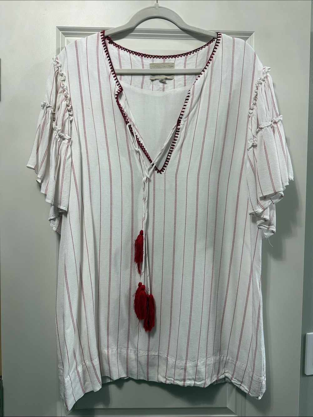 Moon River White Tunic with Red Stripe and Tassel Tie